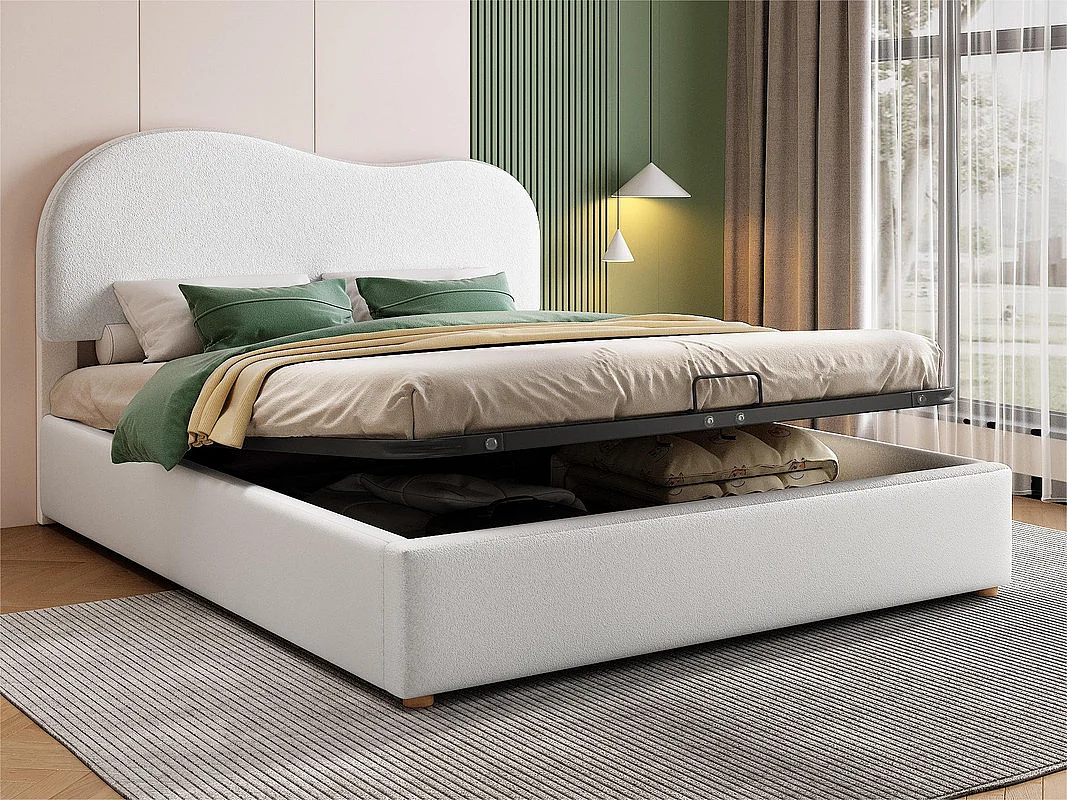 Lit double rembourré 140x200 cm en cachemire - tête de lit réglable - avec sommier à lattes - Blanc