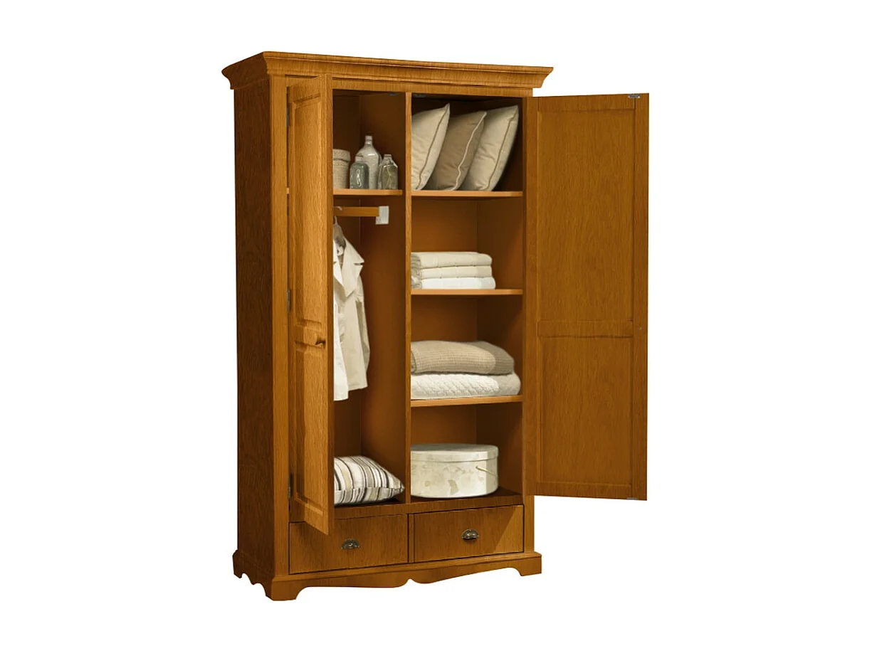 Armoire Penderie Pin Miel 2 Portes 2 Tiroirs 6 Niches L 114.5 H 195 P 54 cm