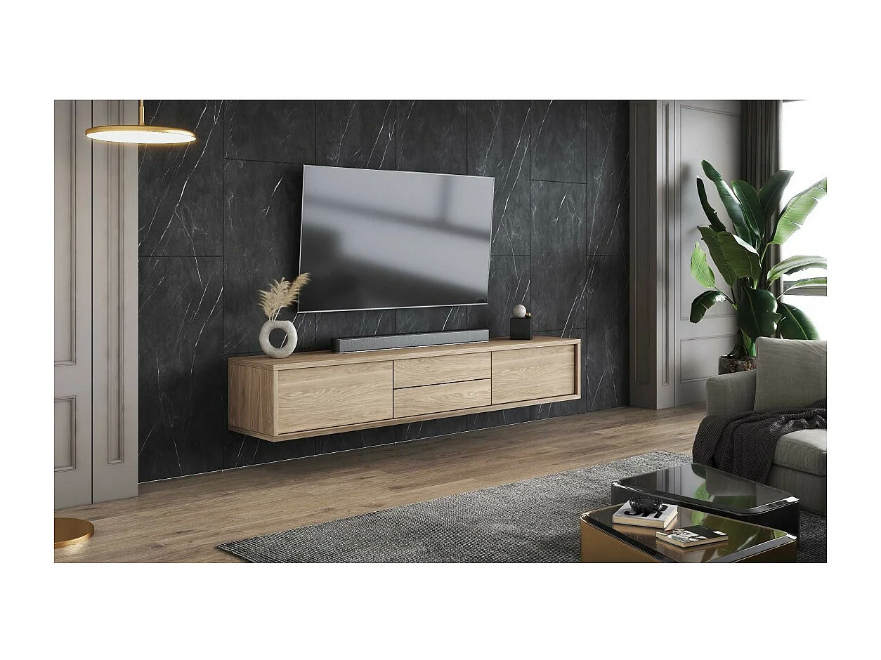 Móvel para TV 180cm, 2 gavetas e 2 portas coleção MAANUM. Cor carvalho claro.