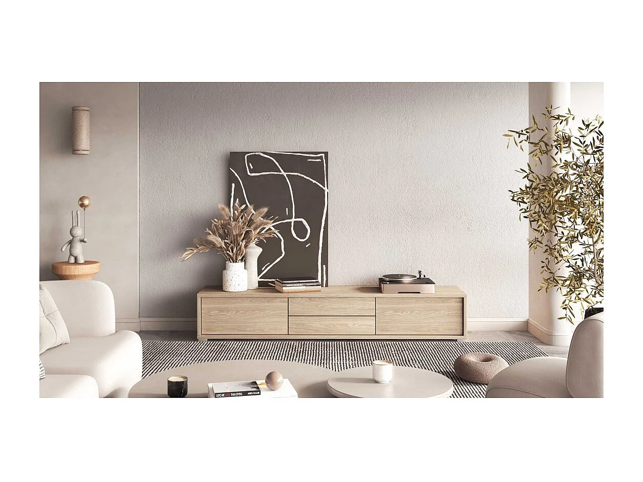 Móvel para TV 180cm, 2 gavetas e 2 portas coleção MAANUM. Cor carvalho claro.