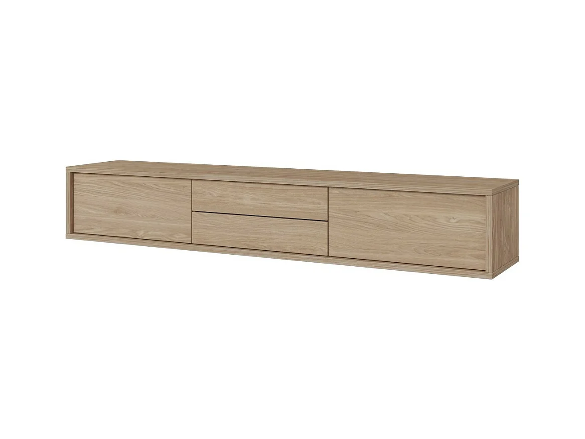 Meuble TV 180cm, 2 tiroirs et 2 portes collection MAANUM. Couleur chêne clair.