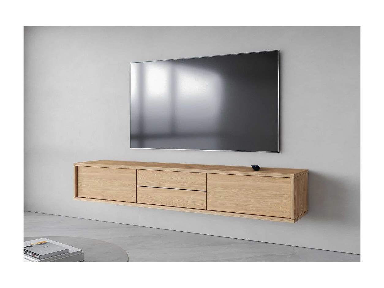 Meuble TV 180cm, 2 tiroirs et 2 portes collection MAANUM. Couleur chêne clair.