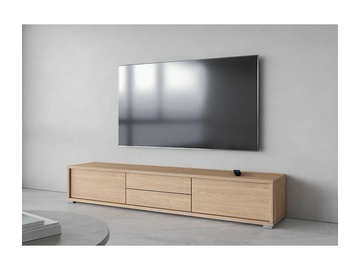 Meuble TV 180cm, 2 tiroirs et 2 portes collection MAANUM. Couleur chêne clair.