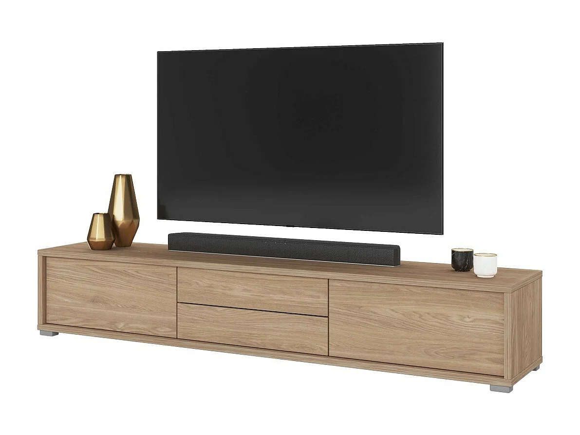 Meuble TV 180cm, 2 tiroirs et 2 portes collection MAANUM. Couleur chêne clair.