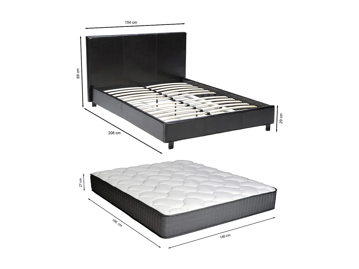 Lit ATLANTA 140x190 + 1 sommier + 1 matelas CARLTON / Noir