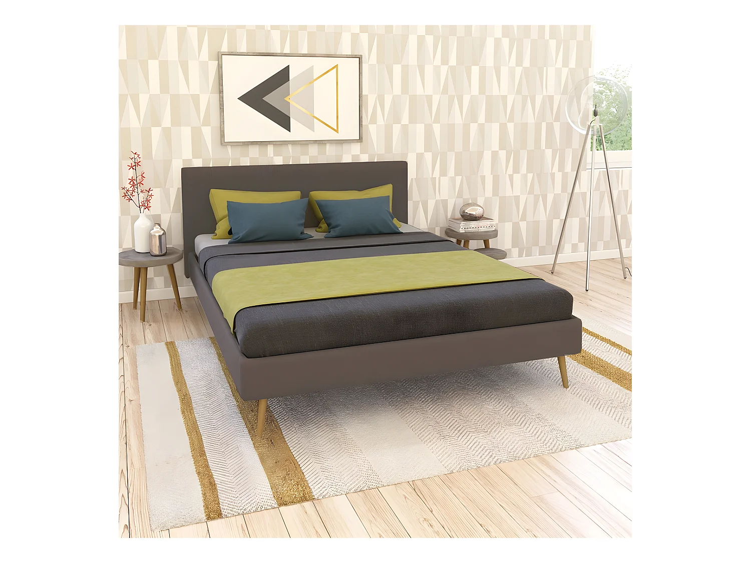 Lit FJORD 160x200 tissu + 1 sommier + 1 matelas CARLTON / Gris Foncé