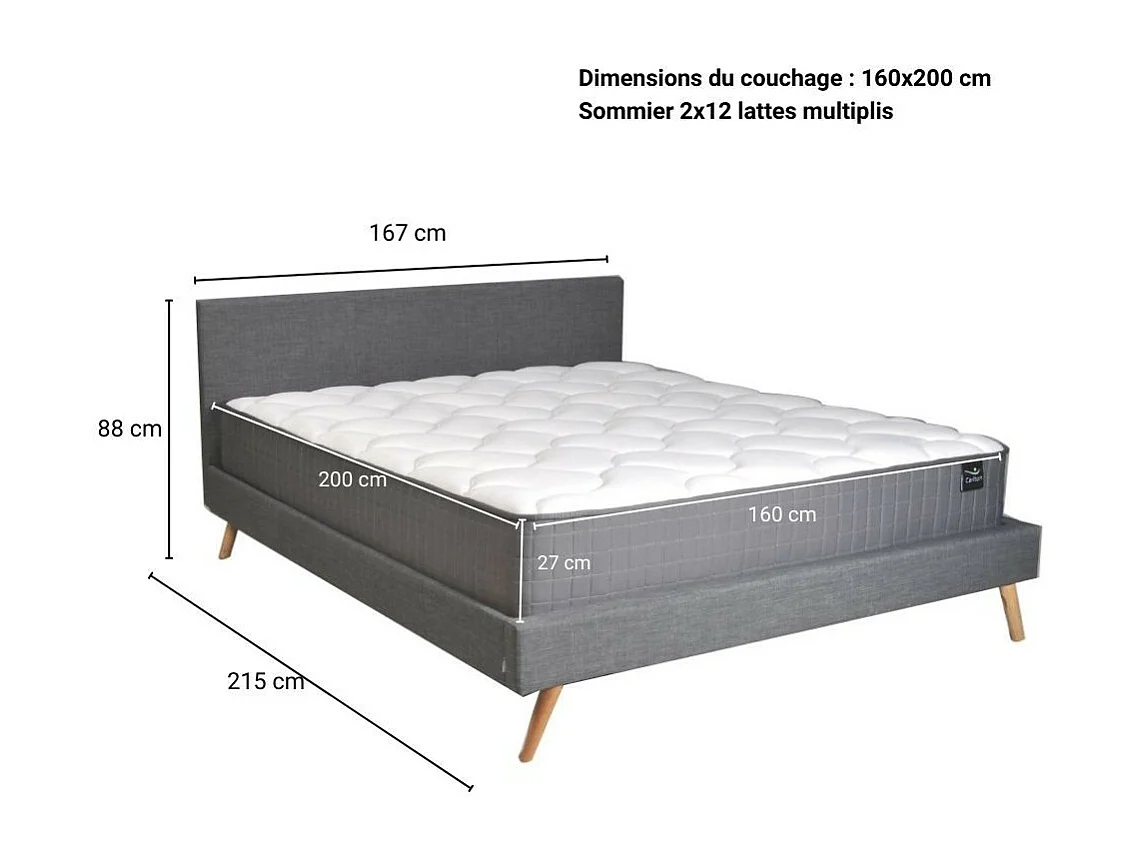 Lit FJORD 160x200 tissu + 1 sommier + 1 matelas CARLTON / Gris Foncé