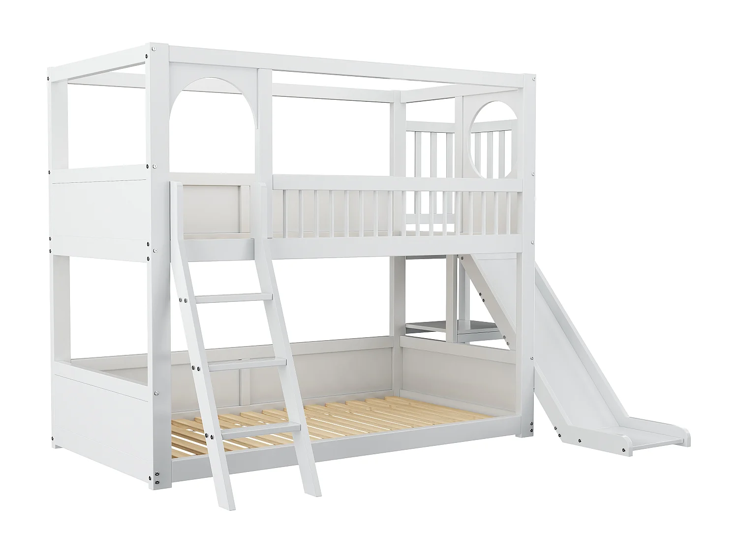 Multifunktionales Etagenbett für Kinder – mit Leiter und Rutsche – 2 x 90 x 200 cm – Massivholz – Weiß