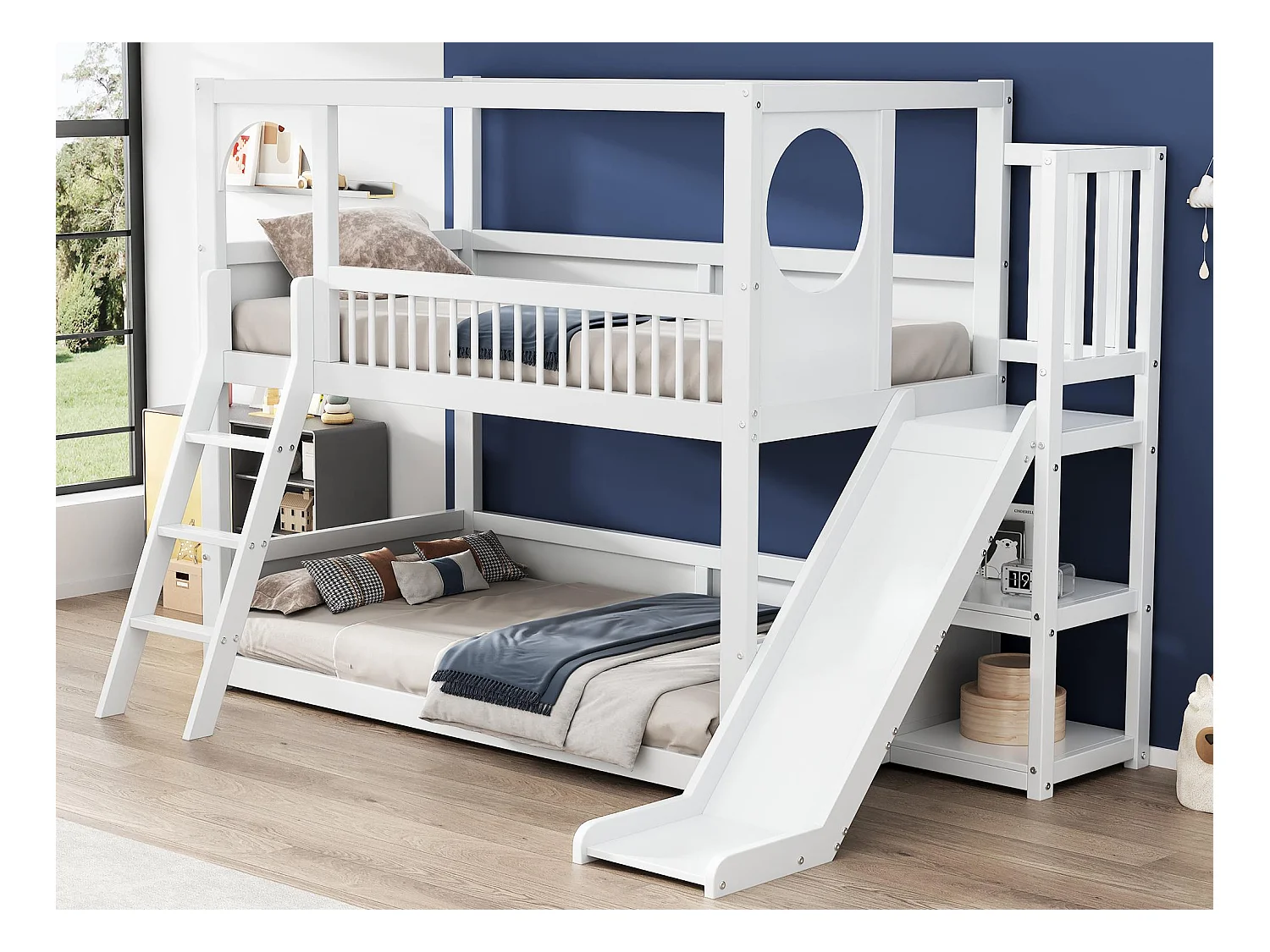 Litera multifuncional para niños - con escalera y tobogán - 2x90x200cm - madera maciza - Blanco