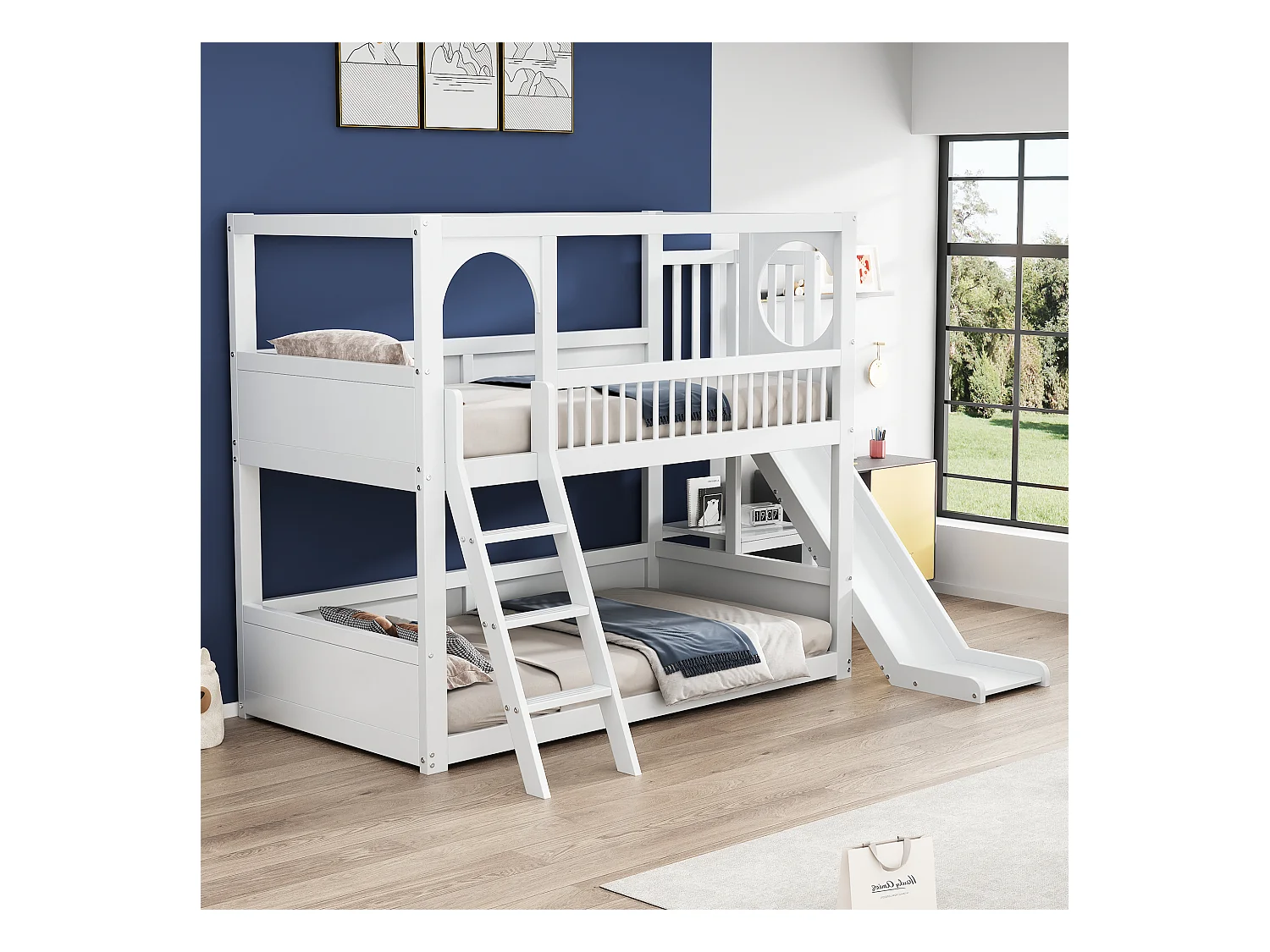Multifunctioneel stapelbed voor kinderen - met ladder en glijbaan - 2x90x200cm - massief hout - Wit