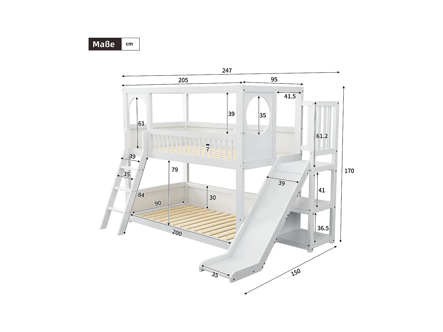 Multifunctioneel stapelbed voor kinderen - met ladder en glijbaan - 2x90x200cm - massief hout - Wit