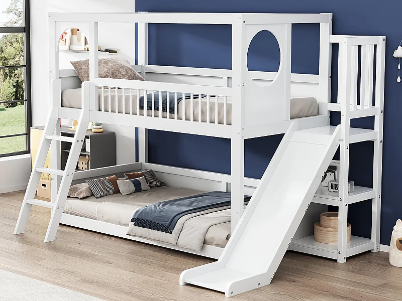 Multifunctioneel stapelbed voor kinderen - met ladder en glijbaan - 2x90x200cm - massief hout - Wit