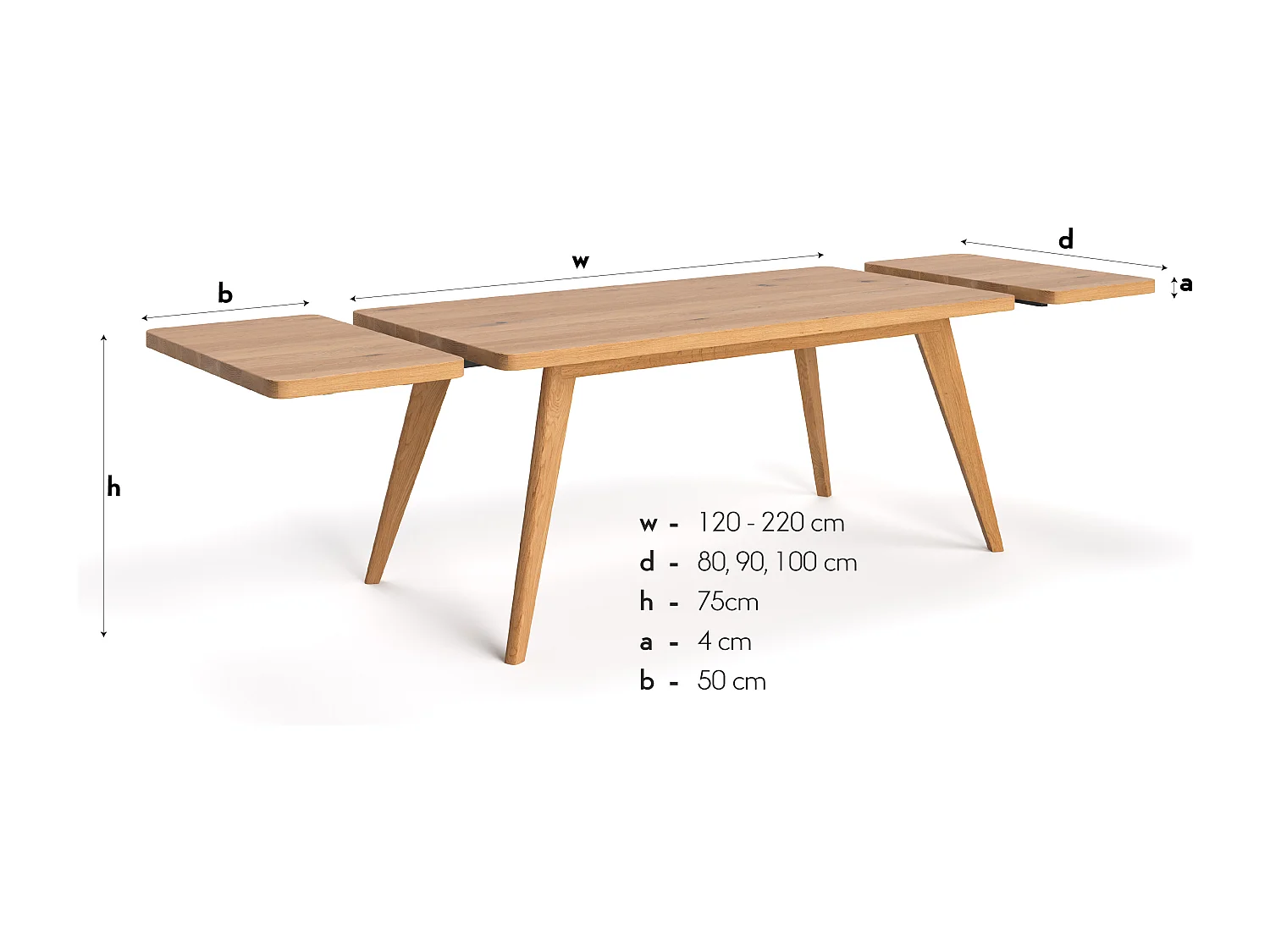Table extensible Grace en chêne massif avec une rallonge 50 cm