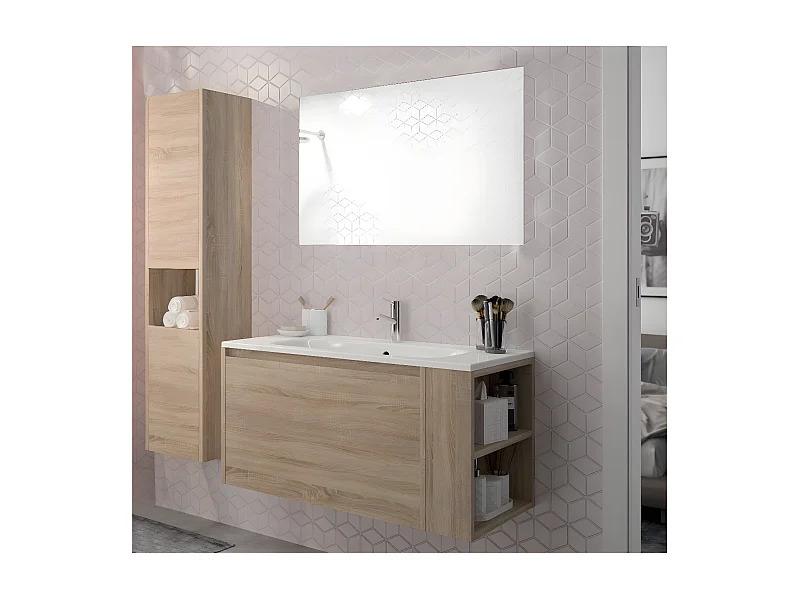 Ensemble VESNA meuble + vasque + miroir + colonne / Décor Chêne blanchi