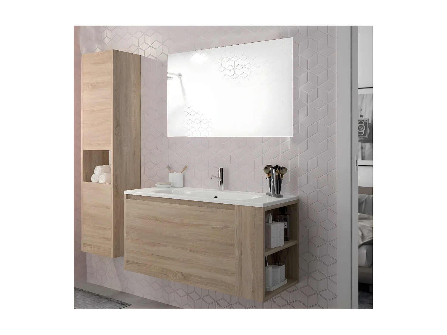 Ensemble VESNA meuble + vasque + miroir + colonne / Décor Chêne blanchi