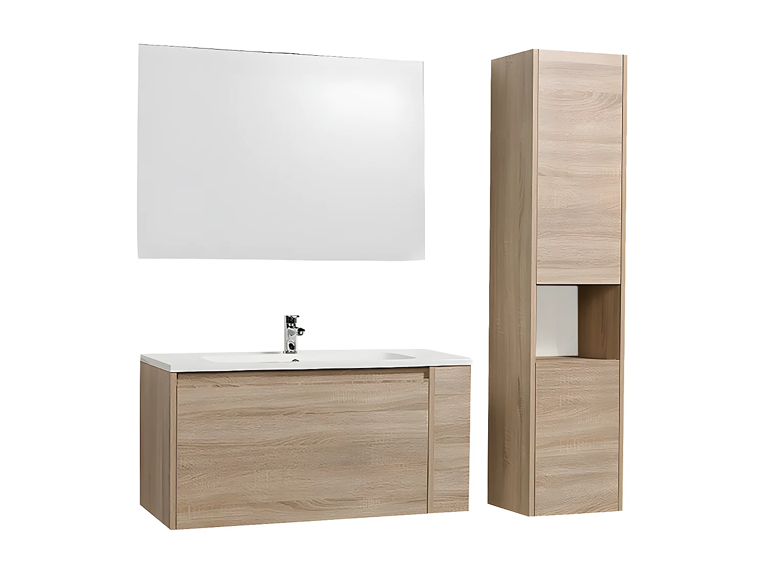 Ensemble VESNA meuble + vasque + miroir + colonne / Décor Chêne blanchi