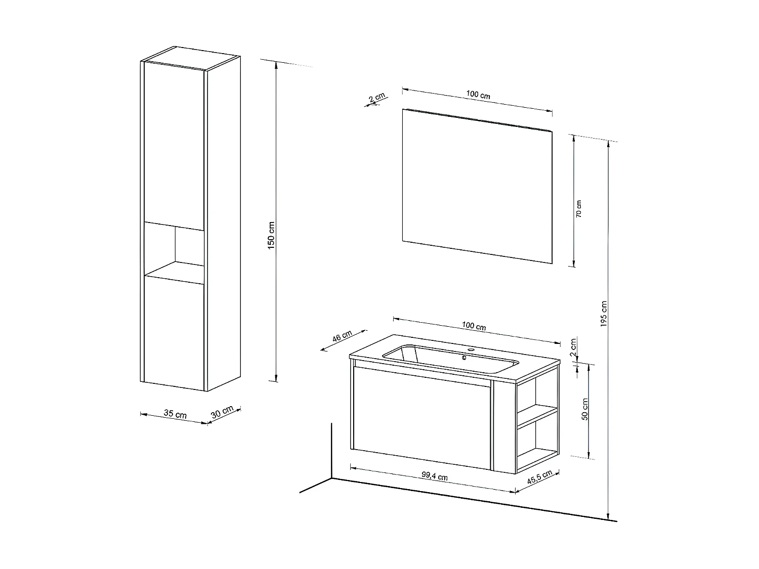 Ensemble VESNA meuble + vasque + miroir + colonne / Décor Chêne blanchi