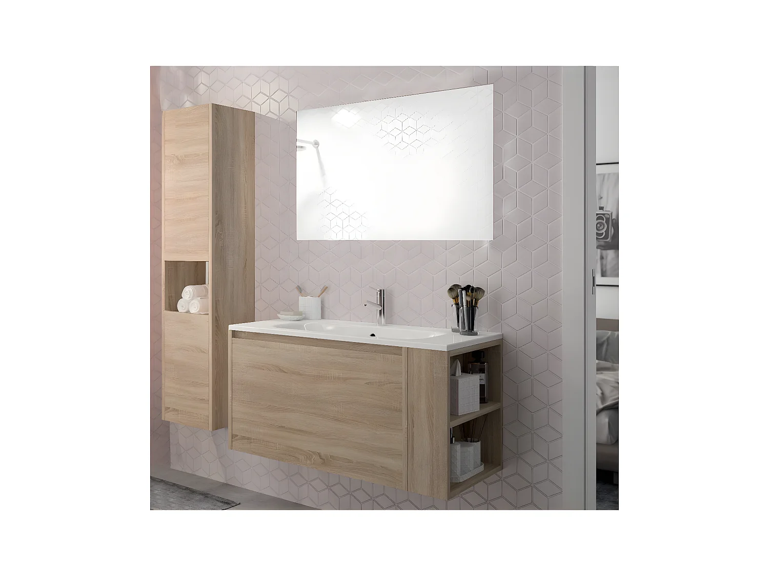 Ensemble VESNA meuble + vasque + miroir + colonne / Décor Chêne blanchi