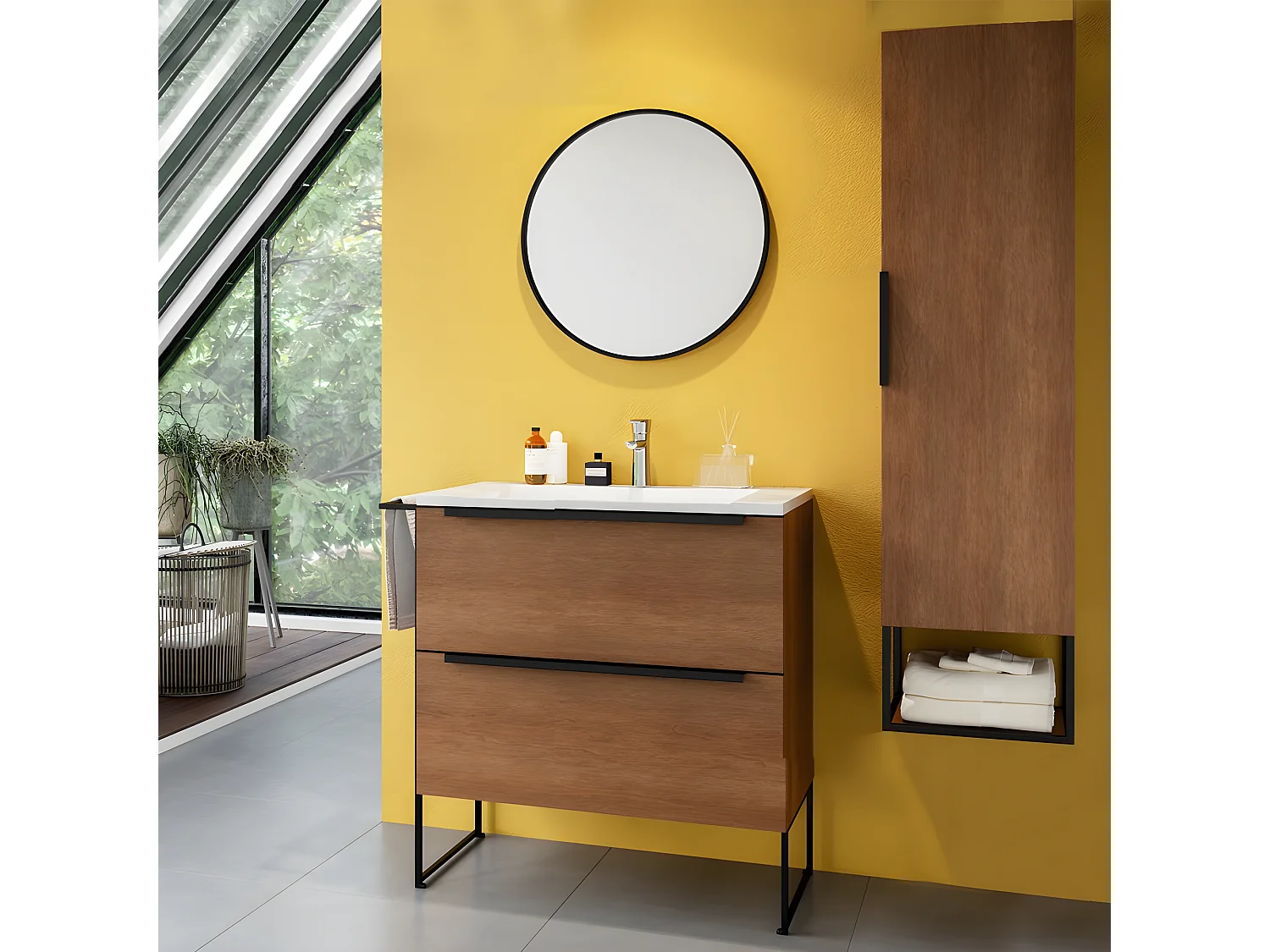 Ensemble MARINA meuble + vasque + miroir + colonne / Décor Noyer