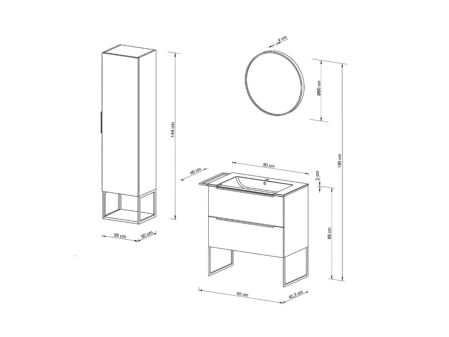 Ensemble MARINA meuble + vasque + miroir + colonne / Décor Noyer