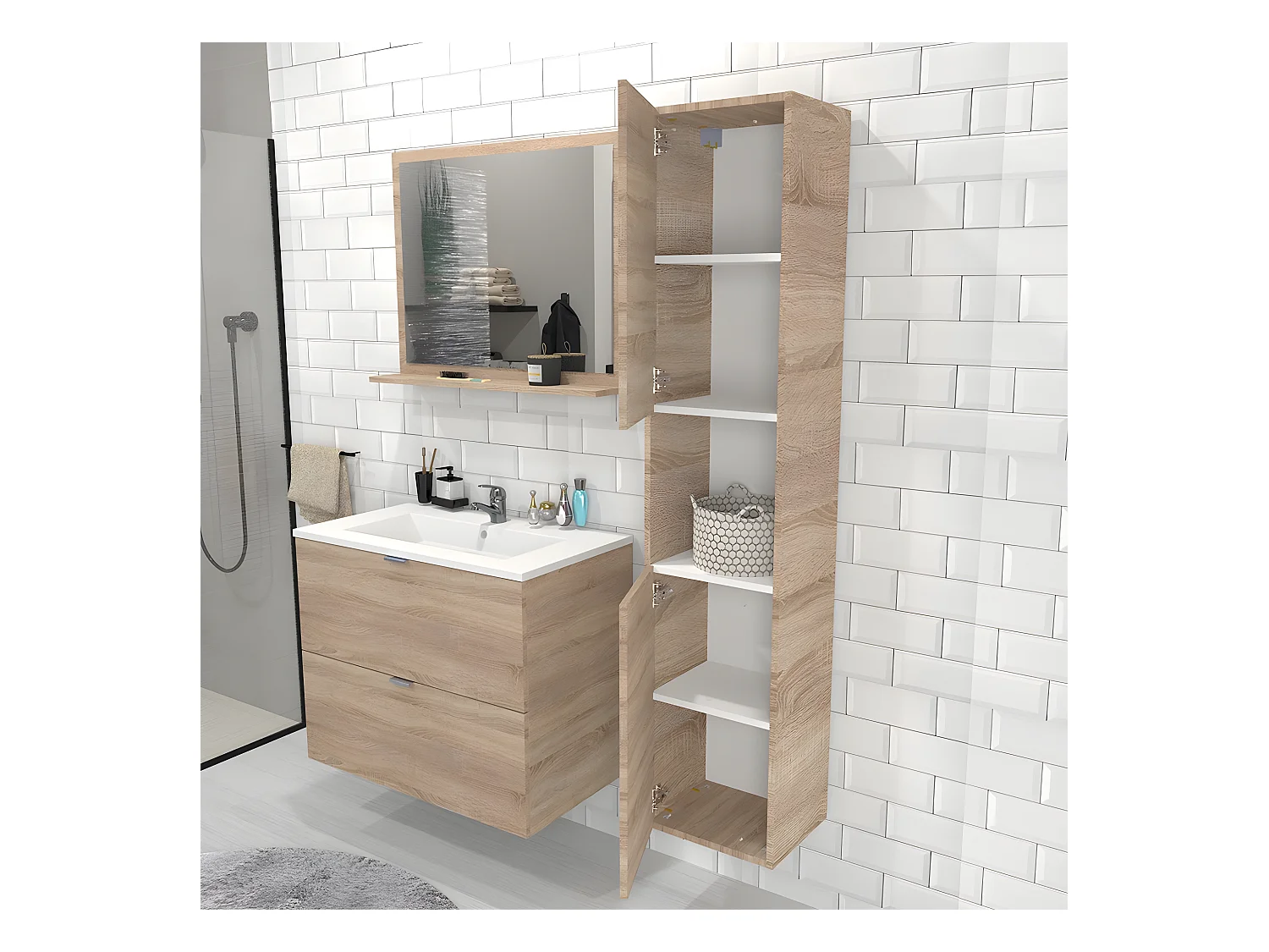 Colonne 2 portes + 1 niche / Décor Chêne blanchi