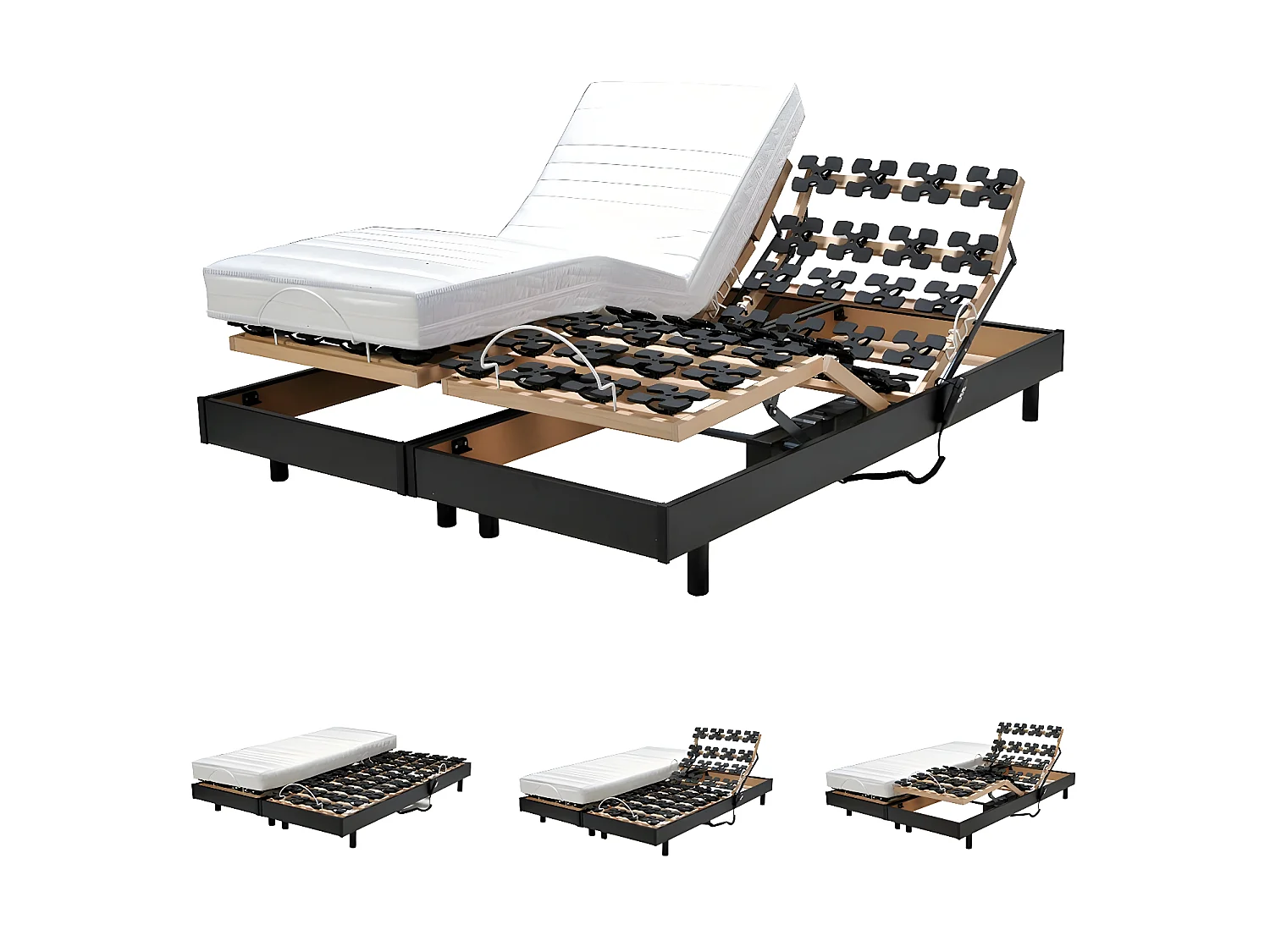 Ensemble 2 sommiers relaxation électrique FLEXPALACE 80x200 + 2 matelas mémoire de forme / Noir
