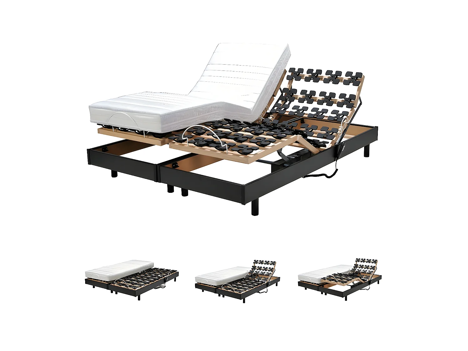 Ensemble 2 sommiers relaxation électrique FLEXPALACE 80x200 + 2 matelas mémoire de forme / Noir