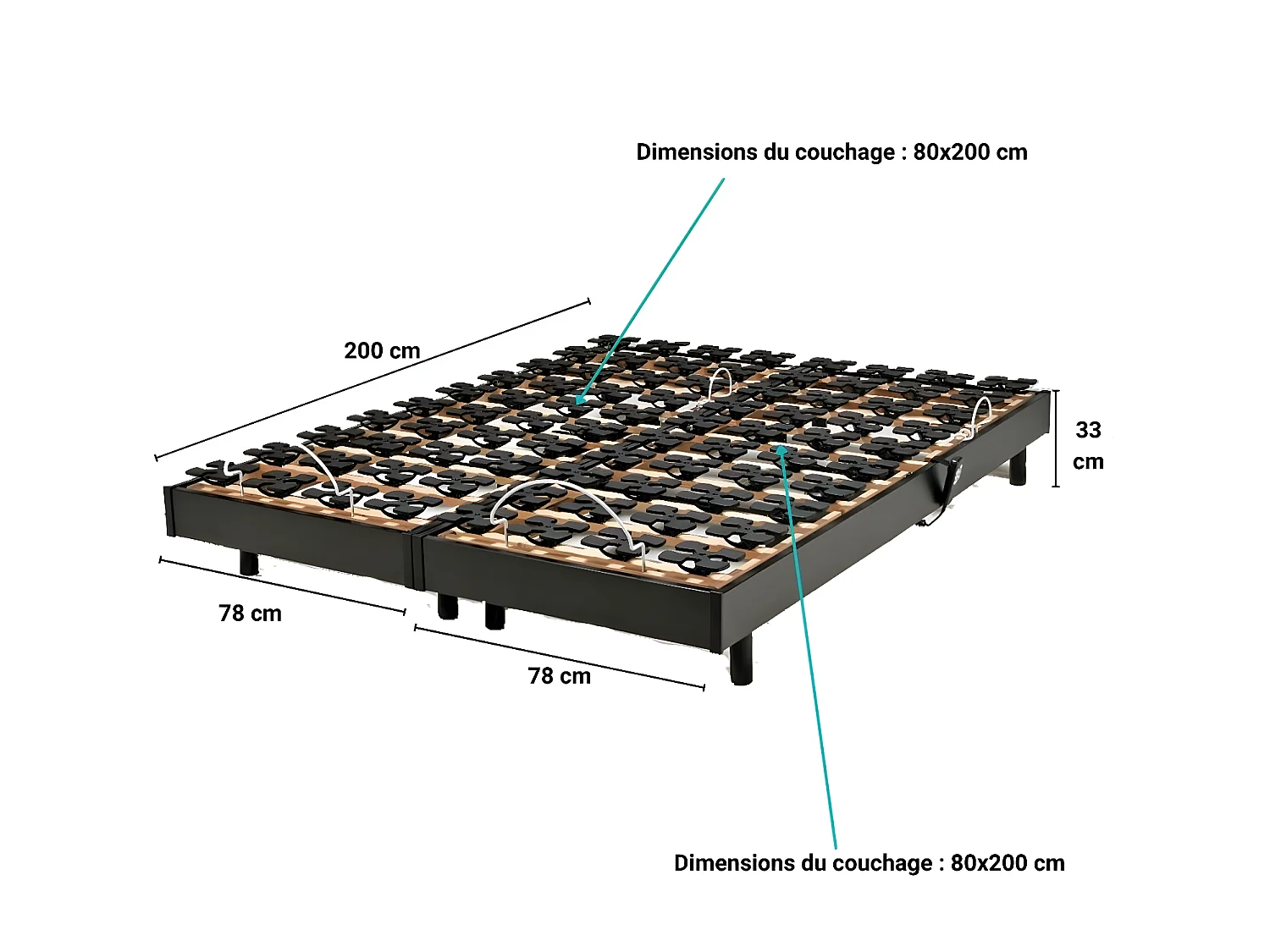 Ensemble 2 sommiers relaxation électrique FLEXPALACE 80x200 + 2 matelas mémoire de forme / Noir