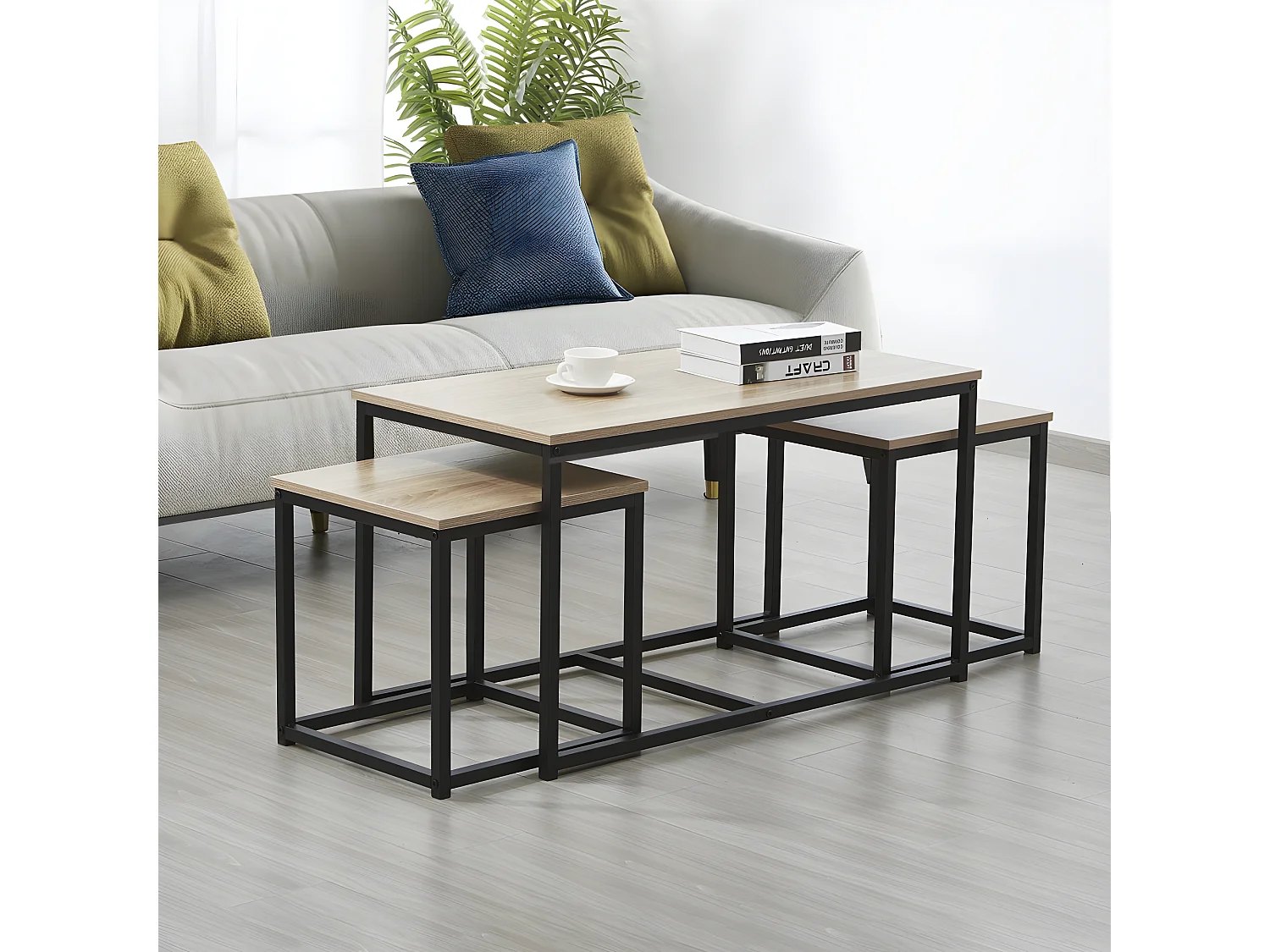 Lot de 3 tables basses gigognes CALVI / Décor Chêne blanchi et Piètement métal noir