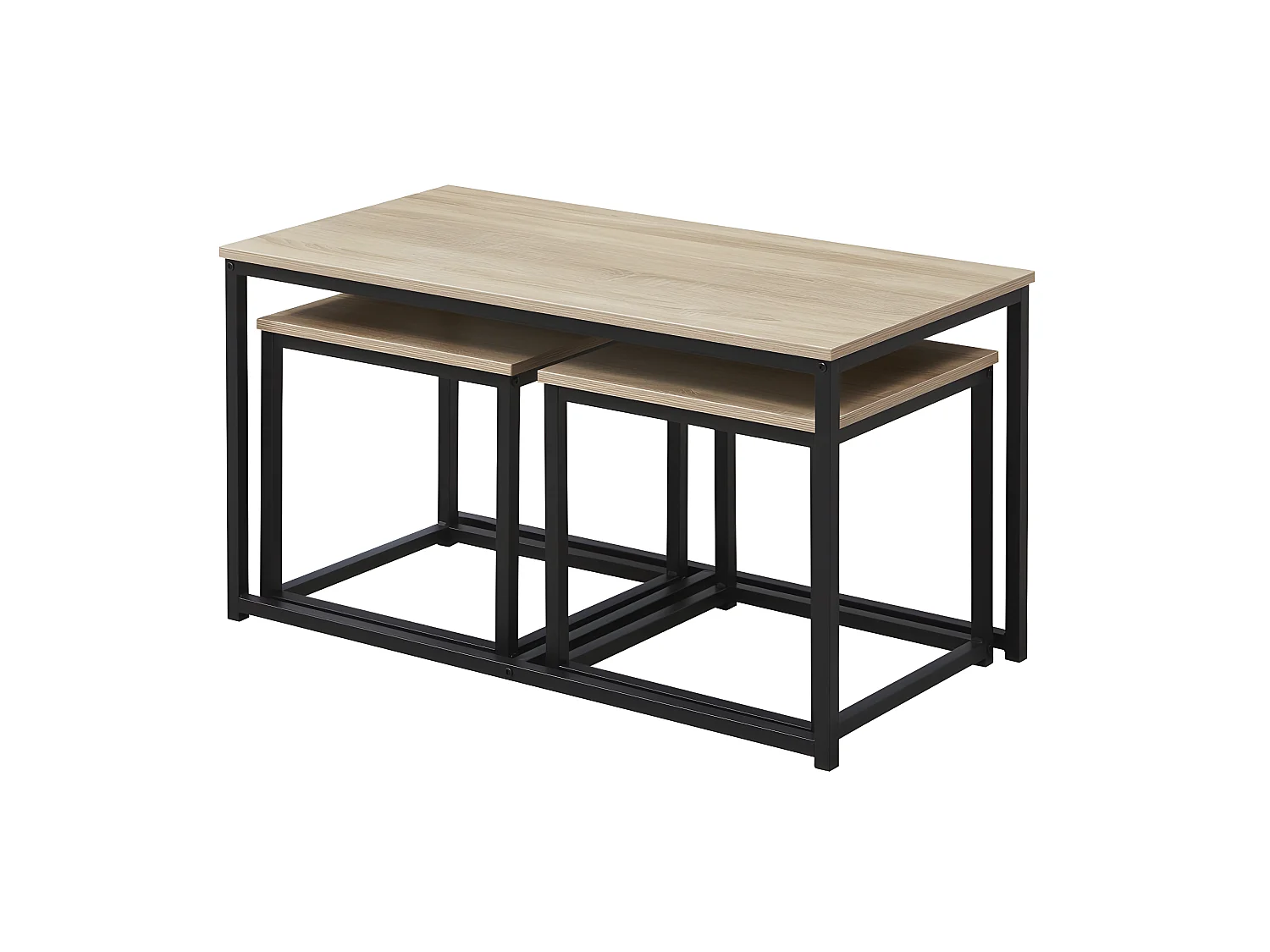 Lot de 3 tables basses gigognes CALVI / Décor Chêne blanchi et Piètement métal noir