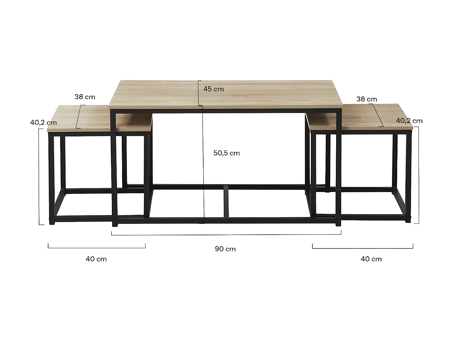 Lot de 3 tables basses gigognes CALVI / Décor Chêne blanchi et Piètement métal noir