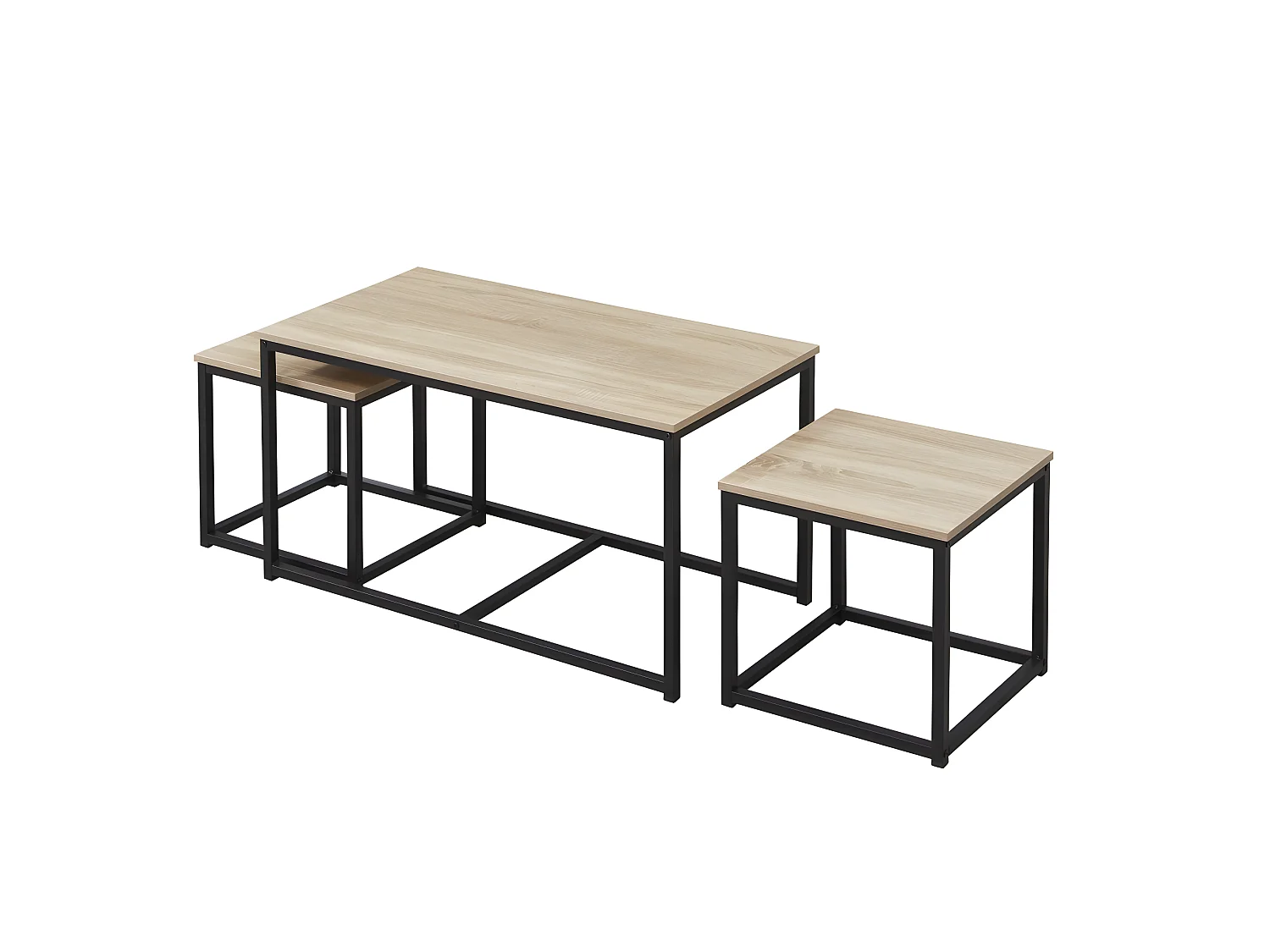 Lot de 3 tables basses gigognes CALVI / Décor Chêne blanchi et Piètement métal noir