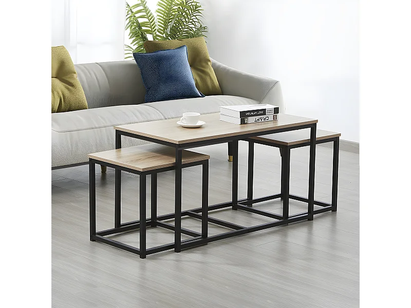 Lot de 3 tables basses gigognes CALVI / Décor Chêne blanchi et Piètement métal noir