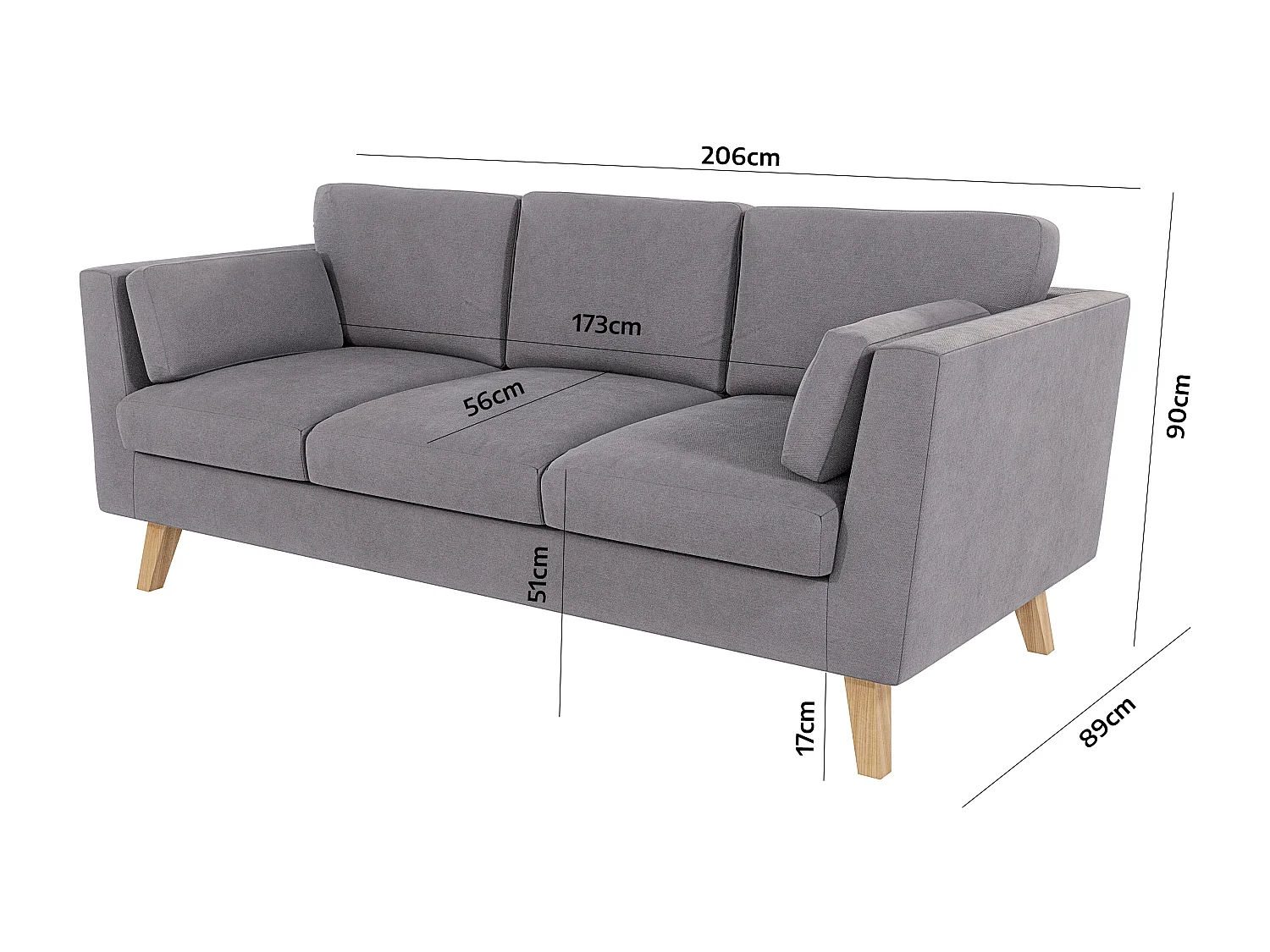 Sofa 3-Sitzer mit Holzbeinen im skandinavischen Stil Tristan