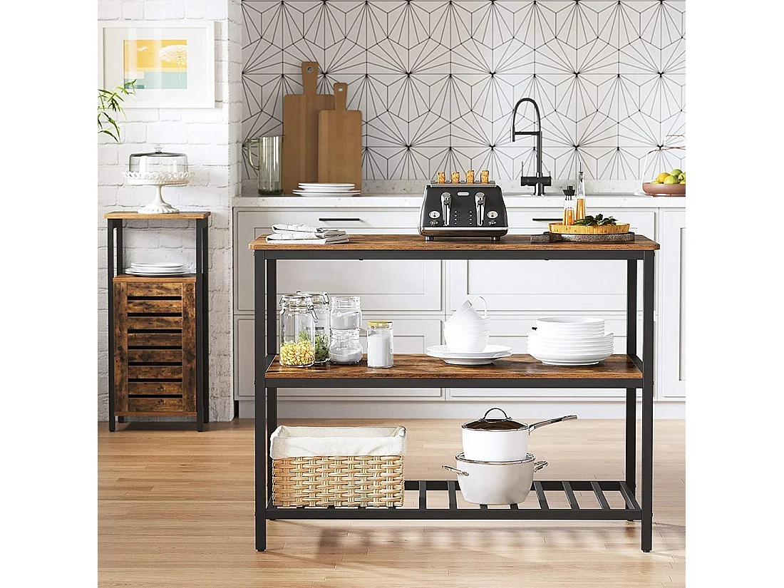 Desserte de cuisine style industriel collection TAMPA structure en métal noir et plateau en bois.