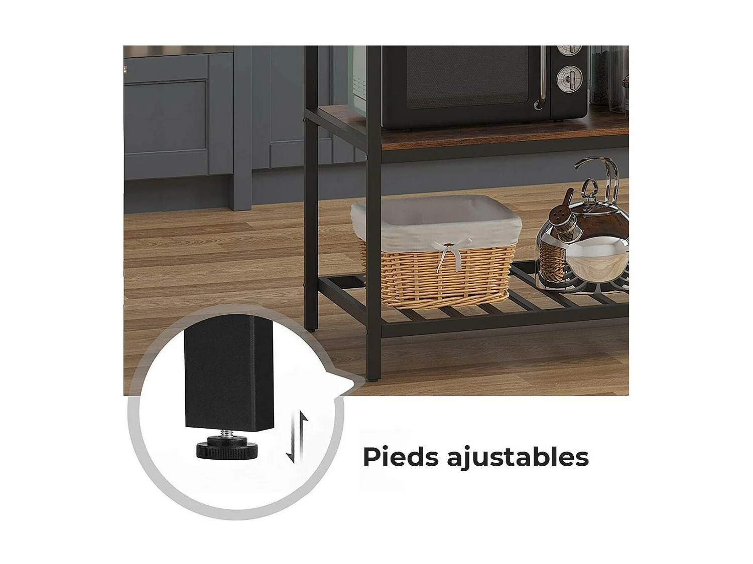 Desserte de cuisine style industriel collection TAMPA structure en métal noir et plateau en bois.