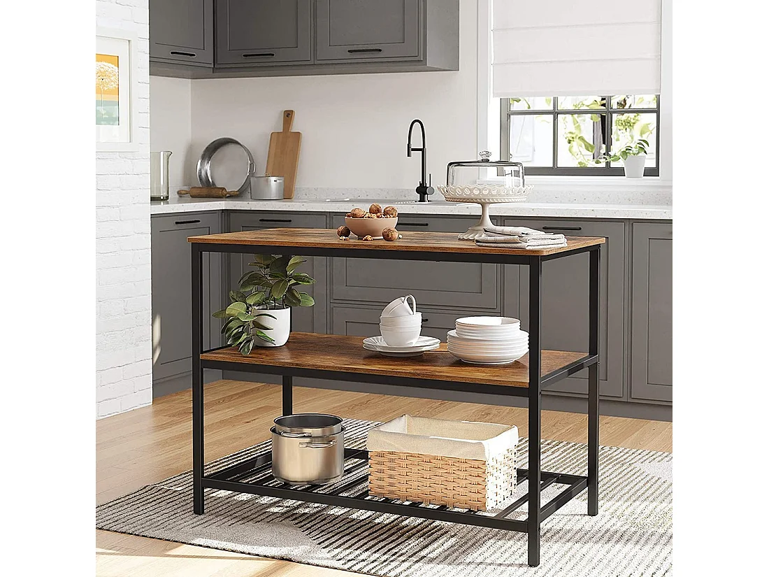 Desserte de cuisine style industriel collection TAMPA structure en métal noir et plateau en bois.