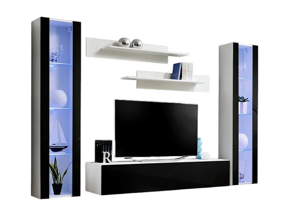 Mobile TV FLY A2 design, colori bianco e nero lucido + LED. Mobile sospeso moderno e alla moda per il tuo soggiorno.