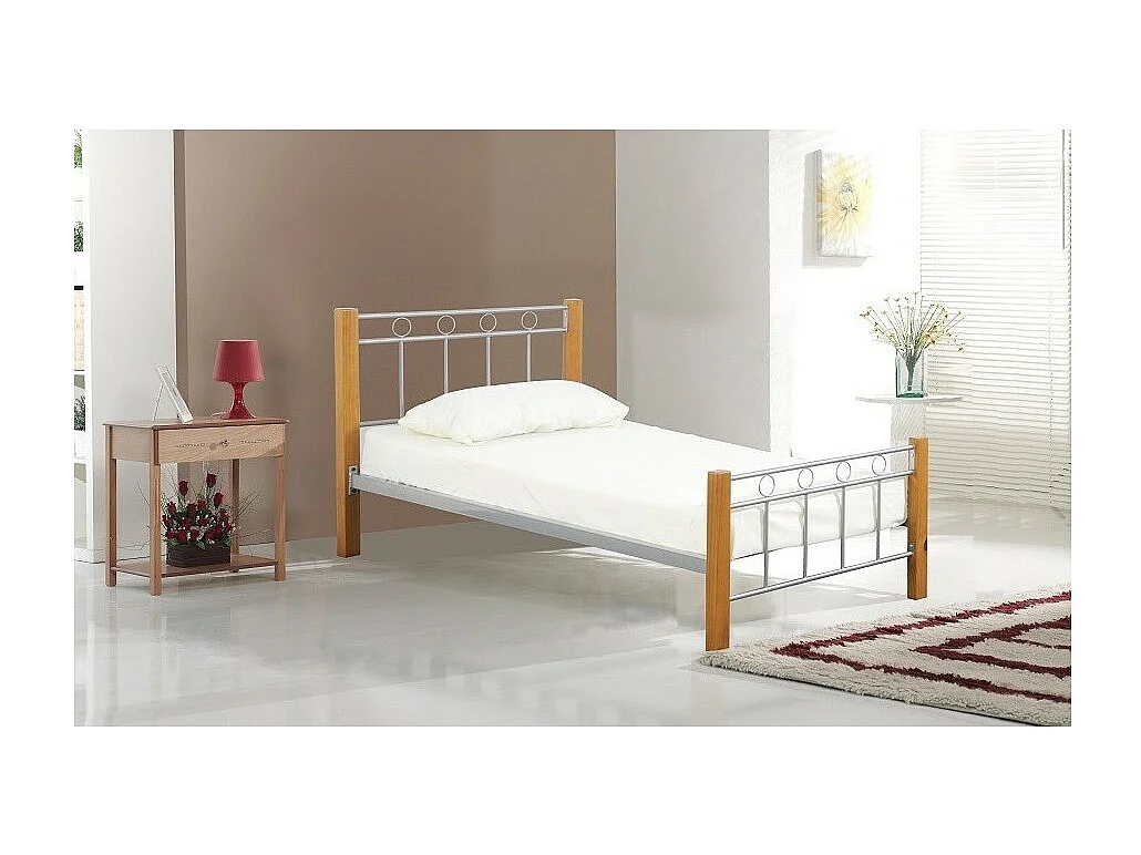 Bett EVELINE – 90x200 cm – Metall und graues Holz – Lattenrost inklusive – Designstil