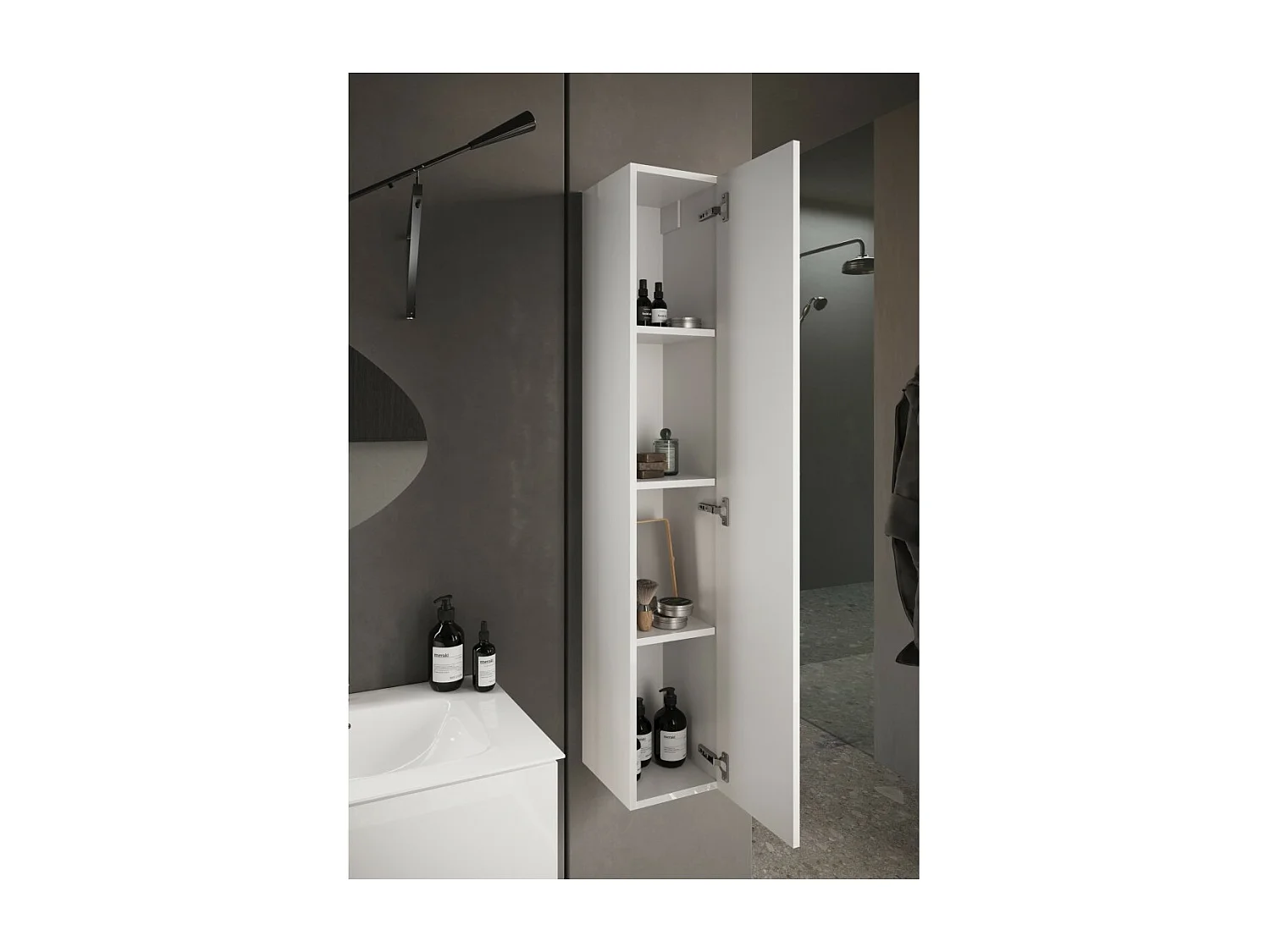 Meuble de salle de bain suspendu ISORA – 1 porte – Blanc brillant – Design moderne