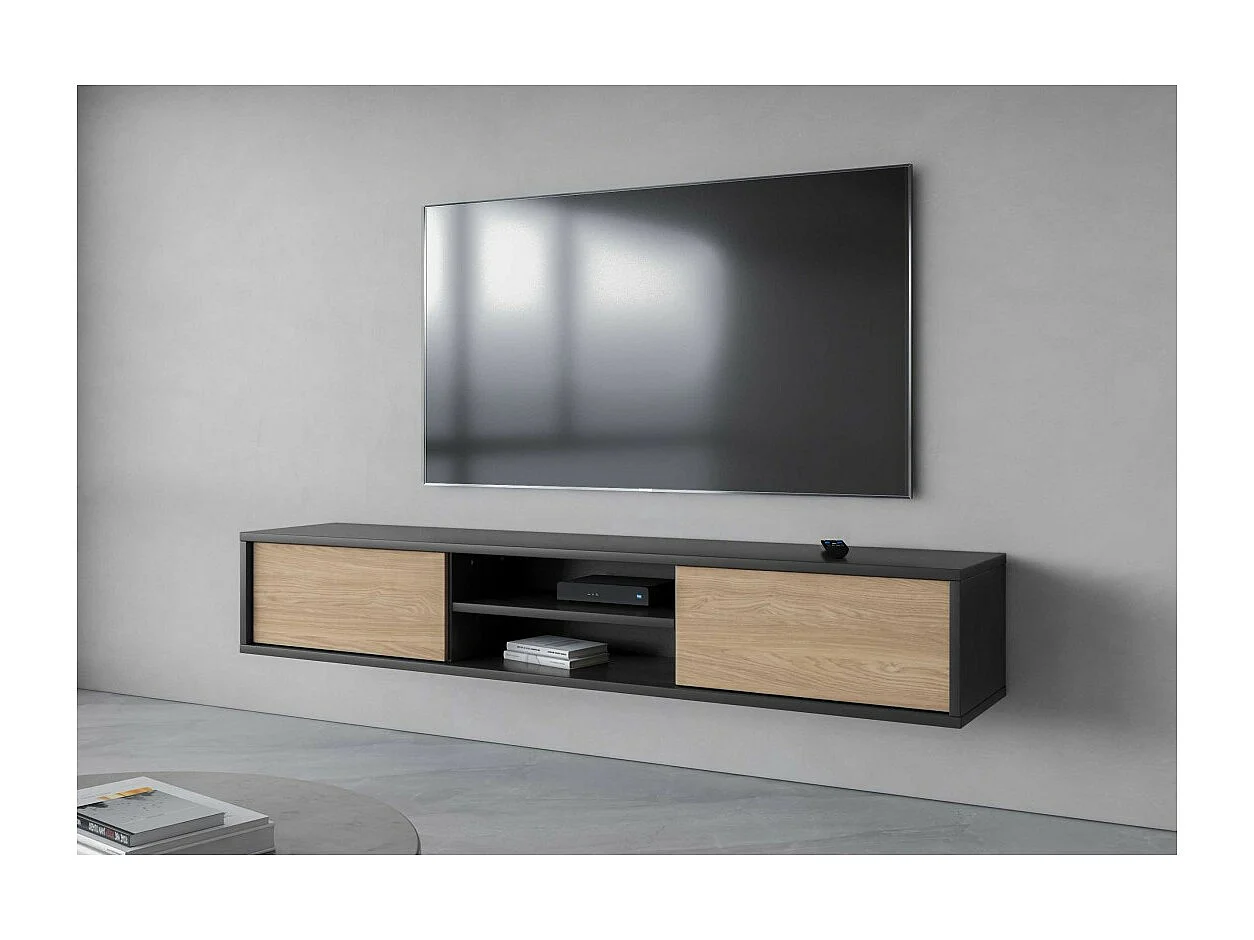 Mobile TV 180cm, 2 porte e 2 nicchie collezione MAANUM. Colore grigio e rovere chiaro.