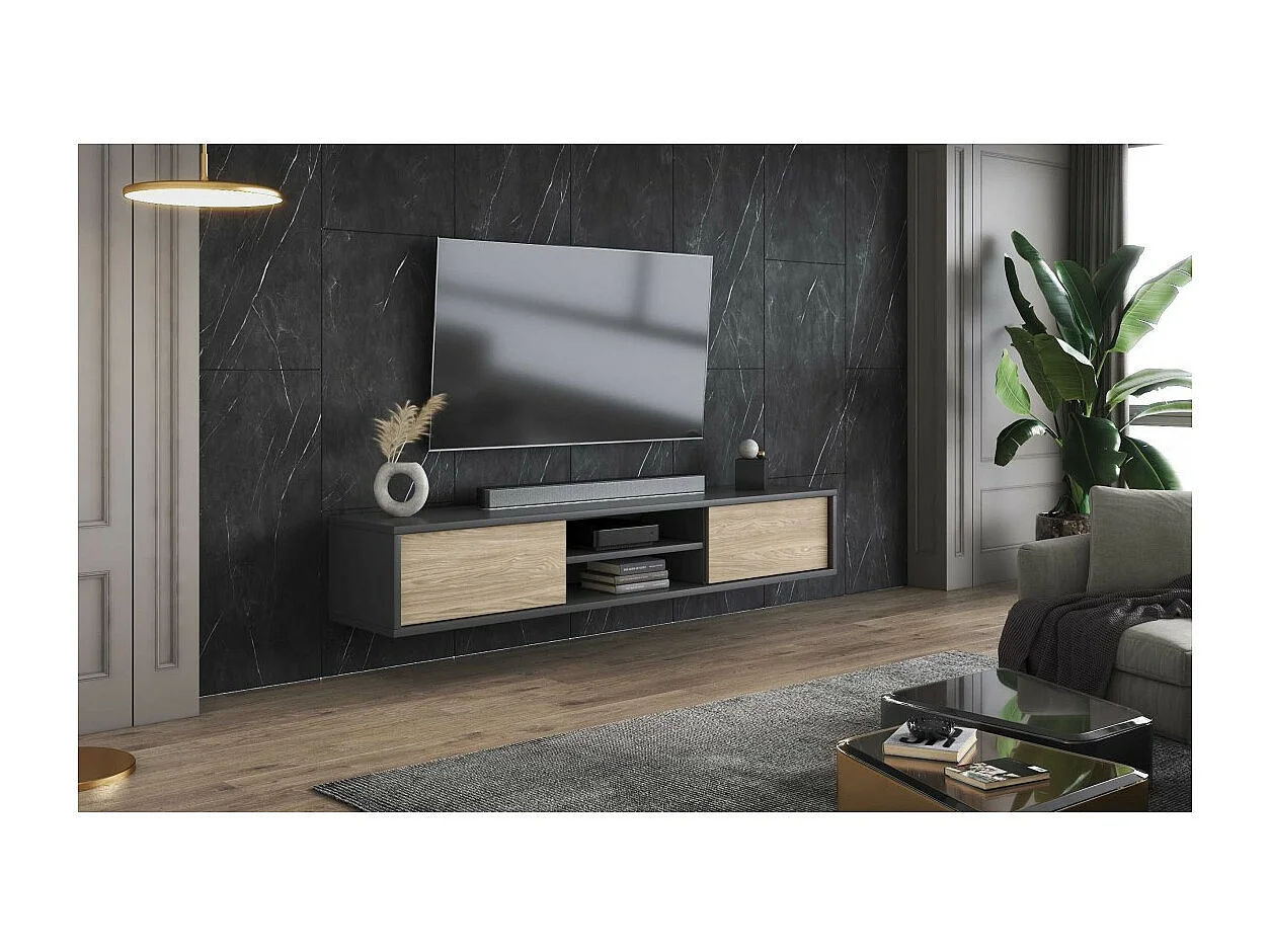 Mobile TV 180cm, 2 porte e 2 nicchie collezione MAANUM. Colore grigio e rovere chiaro.