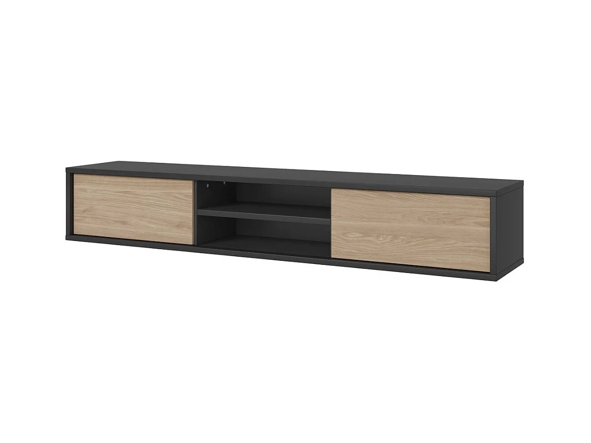 Meuble TV 180cm, 2 portes et 2 niches collection MAANUM. Couleur gris et chêne clair.