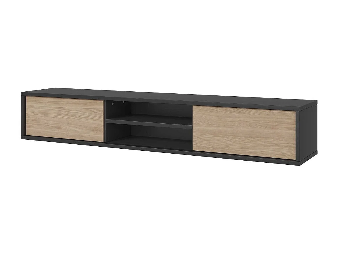 Meuble TV 180cm, 2 portes et 2 niches collection MAANUM. Couleur gris et chêne clair.