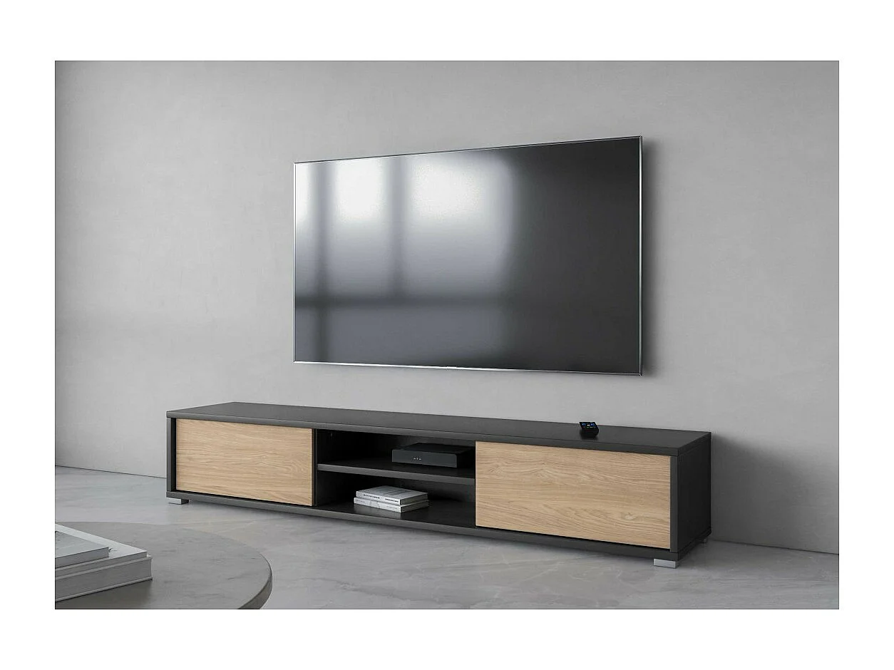 Meuble TV 180cm, 2 portes et 2 niches collection MAANUM. Couleur gris et chêne clair.