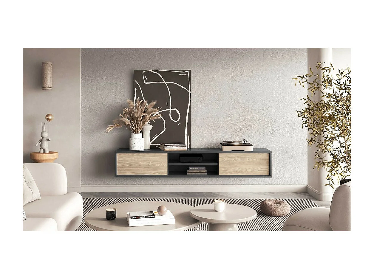 Meuble TV 180cm, 2 portes et 2 niches collection MAANUM. Couleur gris et chêne clair.