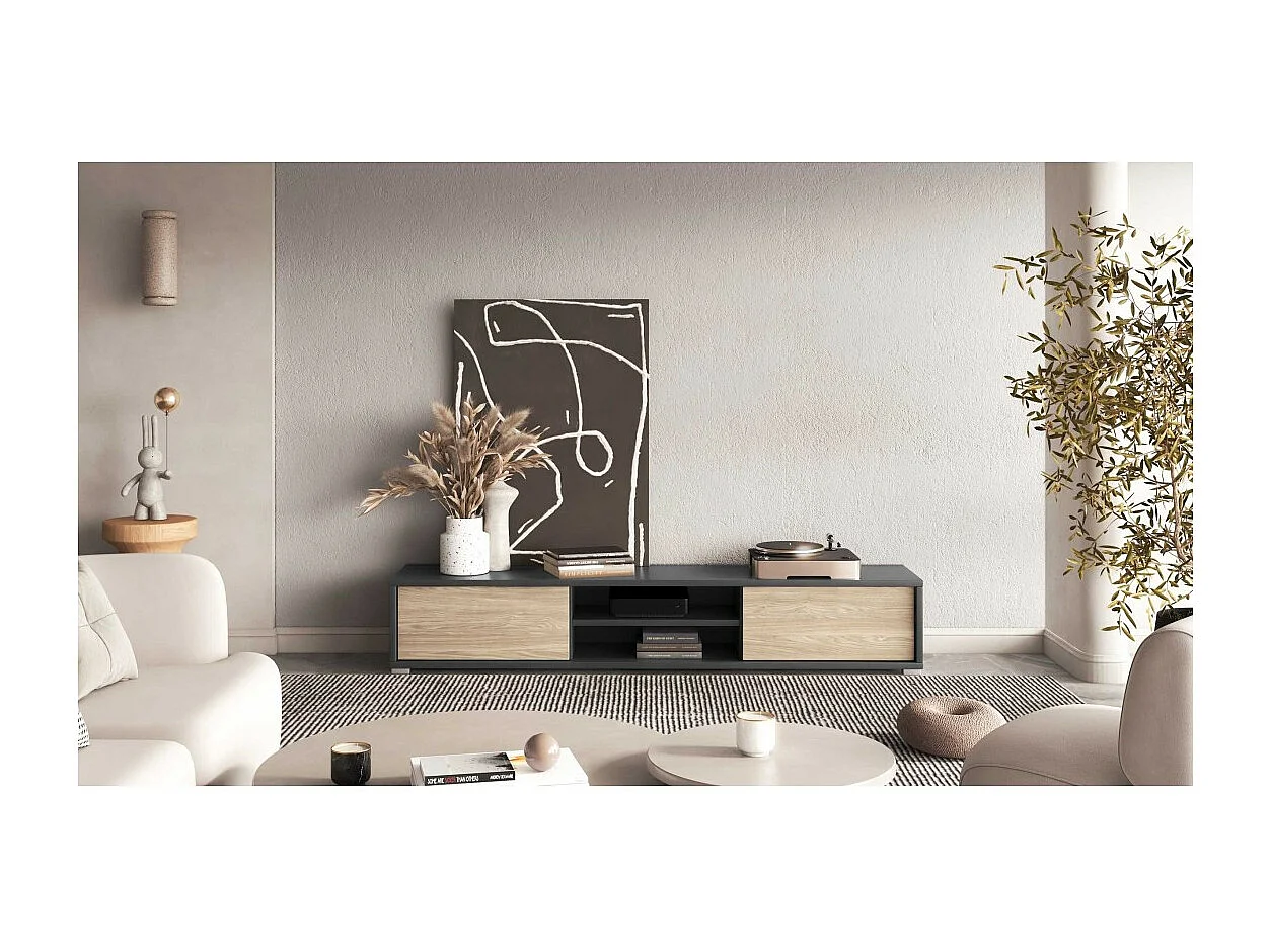 Meuble TV 180cm, 2 portes et 2 niches collection MAANUM. Couleur gris et chêne clair.