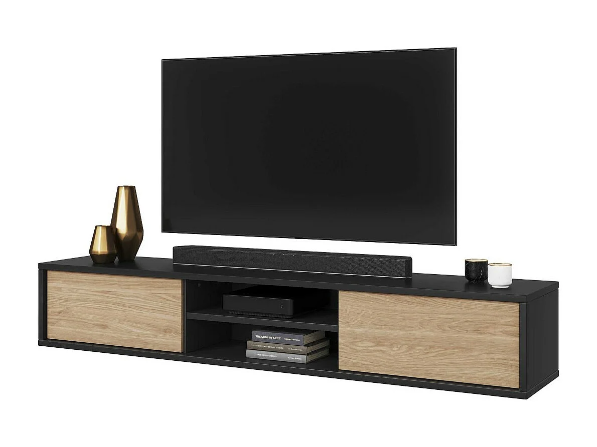 Meuble TV 180cm, 2 portes et 2 niches collection MAANUM. Couleur gris et chêne clair.