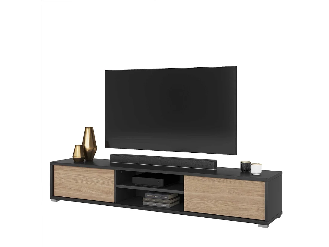 Meuble TV 180cm, 2 portes et 2 niches collection MAANUM. Couleur gris et chêne clair.