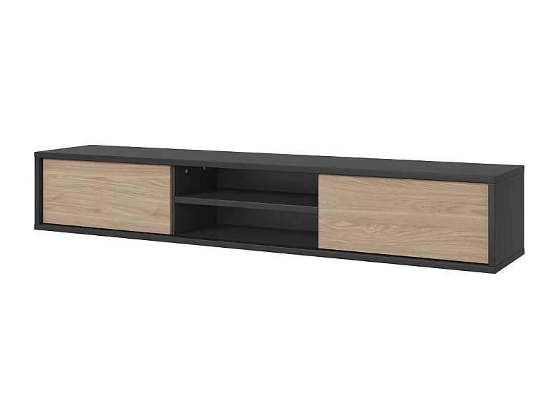 Meuble TV 180cm, 2 portes et 2 niches collection MAANUM. Couleur gris et chêne clair.